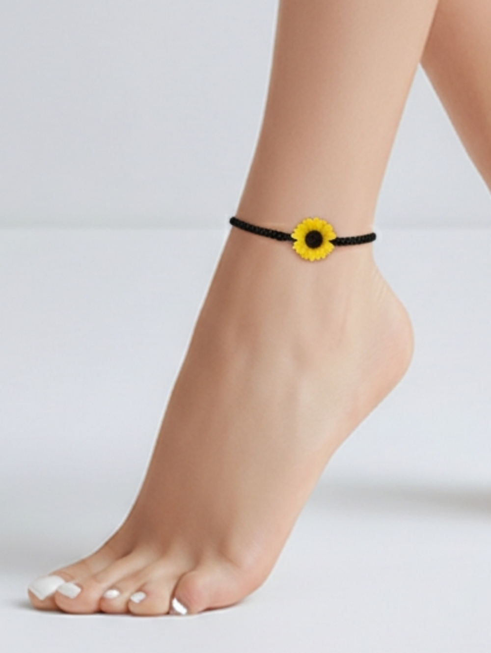 Sunflower Anklet | Vibrant Yellow Charm | Adjustable Black Braided Cord Bracelet